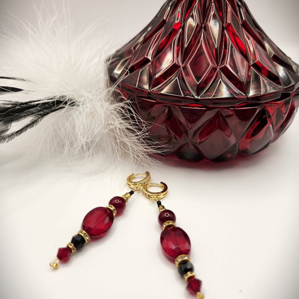Red Crystal, Black Onyx and Gold Drop Earrings